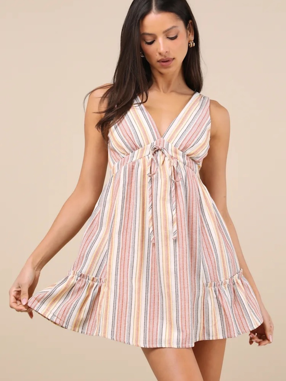 Lulu's Cream Mini Dress with Rust and Yellow Stripes